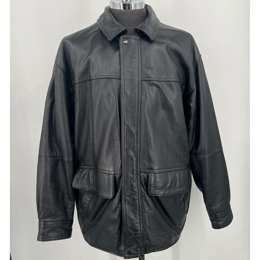 Pierre Cardin Black‎ Leather Jacket Mens XL Full Zip Button Quilted Lined
